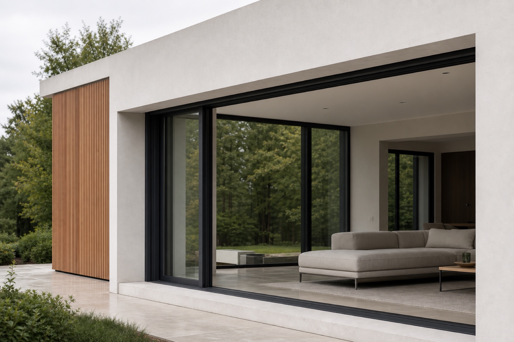 Modern Ontario home with a built-in roller shutter fully concealed above the open patio doors