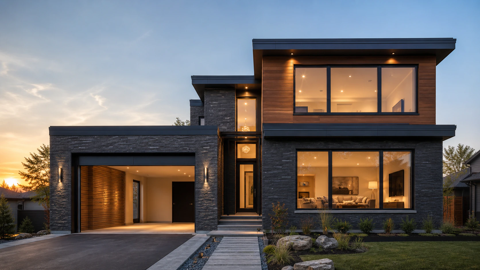 Modern Ontario home with custom shutters and garage door systems