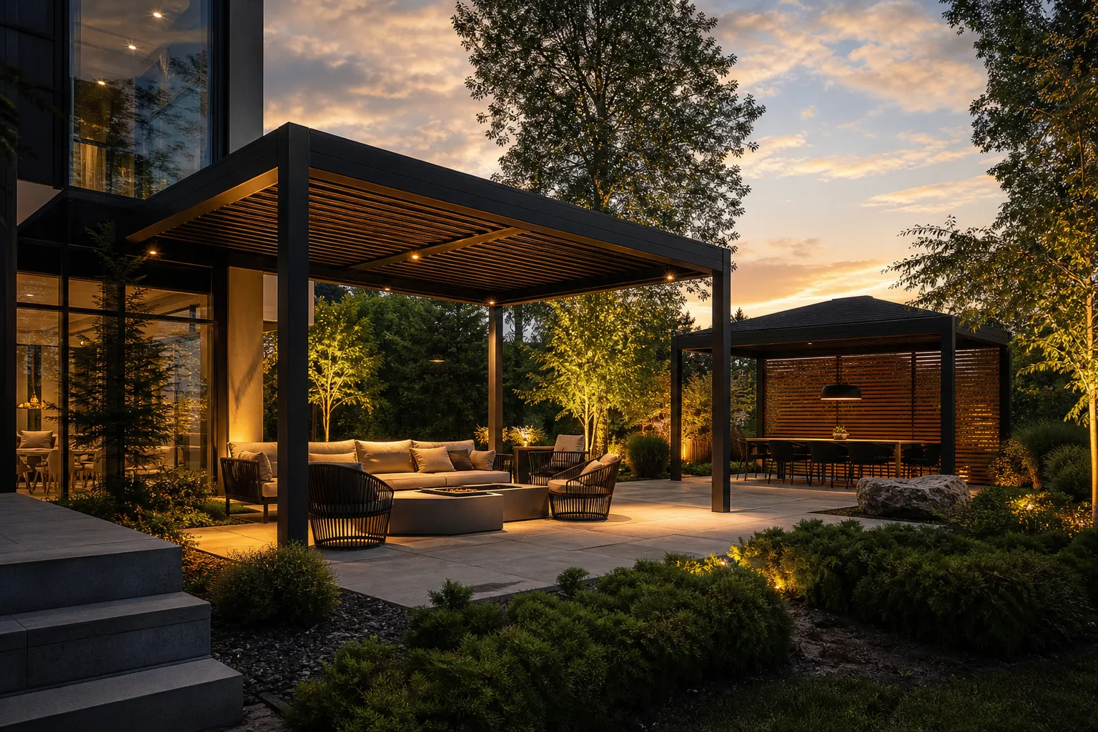 Architectural pergola designed for an outdoor lounge