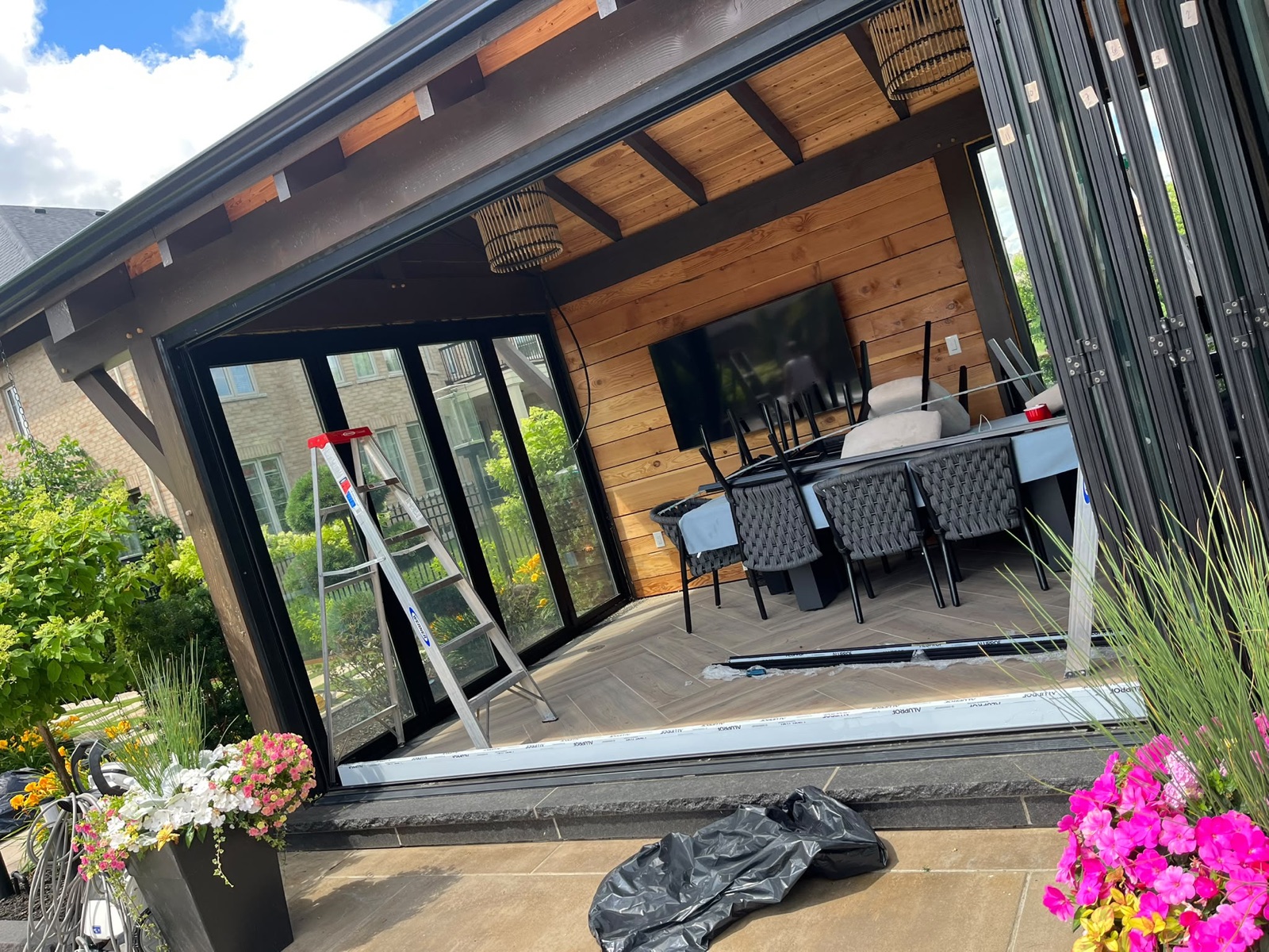 Outdoor screen system installed on a pool cabana, view 007